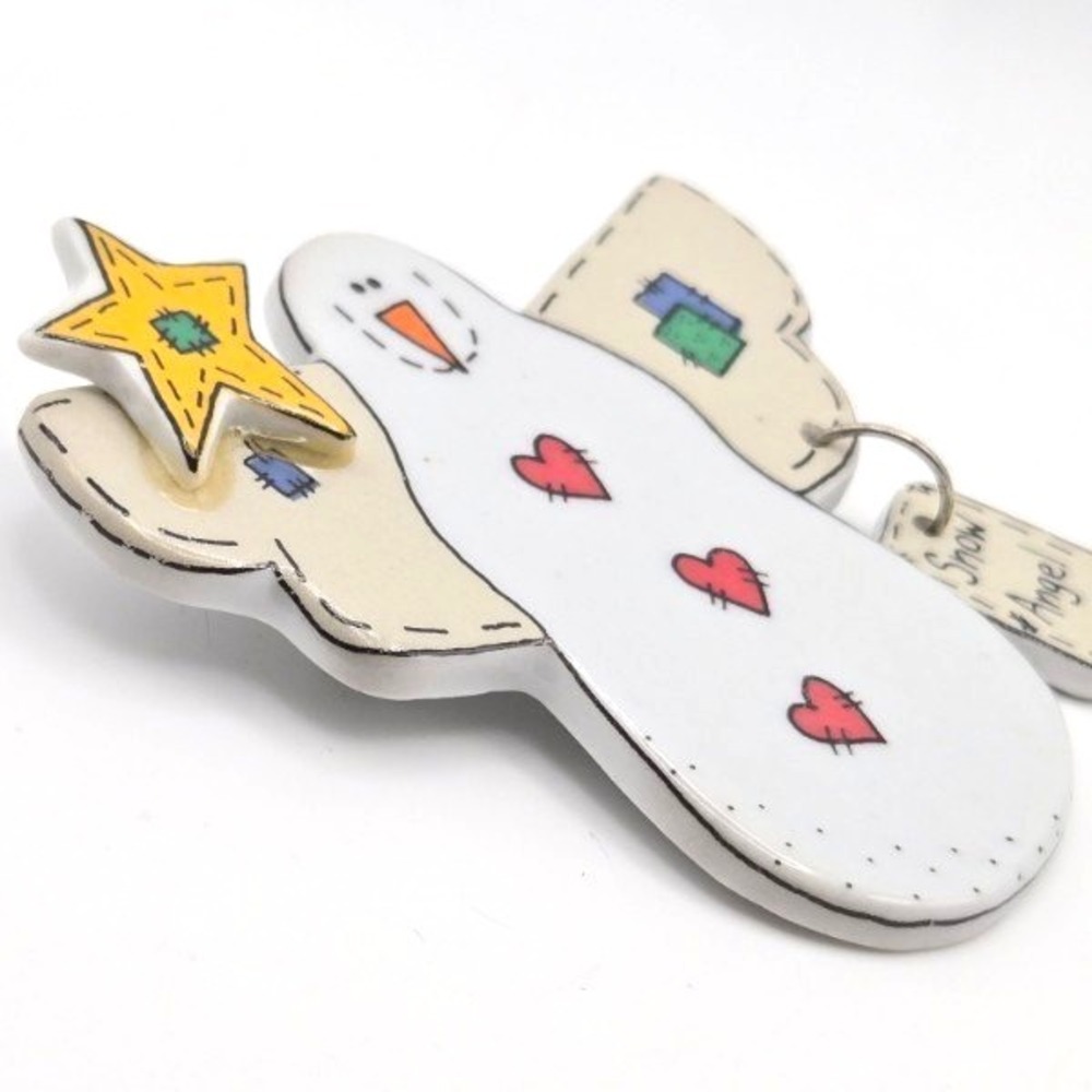 Large Ceramic Snow Angel Pin Brooch Star‎ Christmas Holiday Cute Rustic Country - Picture 3 of 4